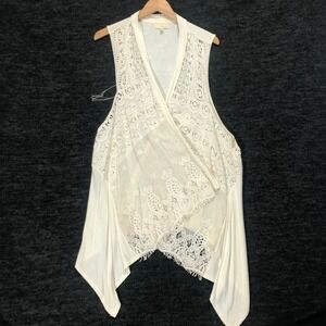 Dept222 Lace Overlay Vest Sleeveless Draped‎ Open Front Cream 1X